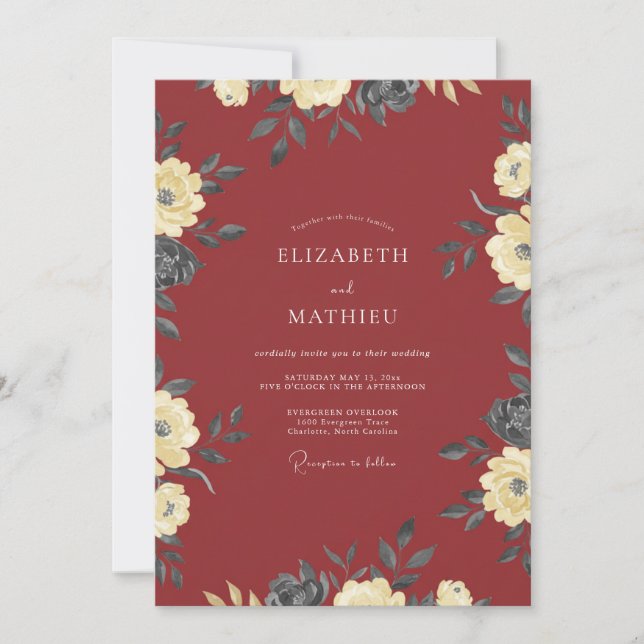 Convite Casamento Floral Vintage Borgonha (Frente)
