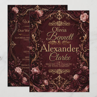 Convite Casamento Floral Vintage Burgundy Dourado Elegante