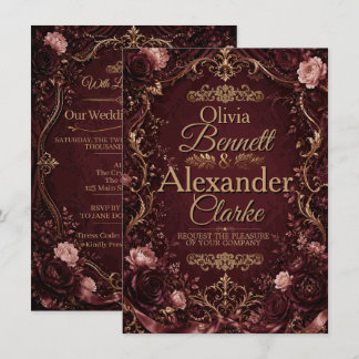 Convite Casamento Floral Vintage Burgundy Dourado Elegante