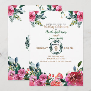Convite Casamento Floral Vintage com Aquarela Rosa Verde