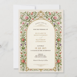 Convite Casamento Floral Vintage com Rosas e Dourado Ornam