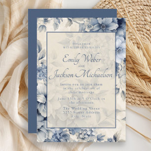 Convite Casamento Floral Vintage Creme Azul Romântico