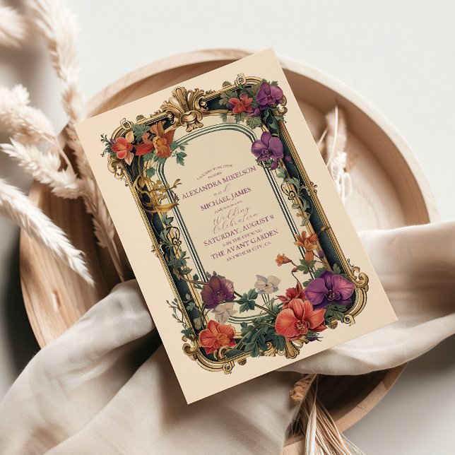 Convite Casamento Floral Vintage Dourado Roxo (Criador carregado)