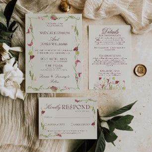 Convite Casamento Floral Vintage em Aquarela Art Nouveau