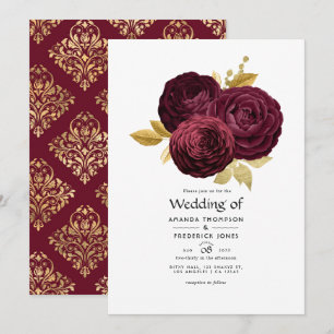 Convite Casamento Floral Vintage em Borgonha e Dourado