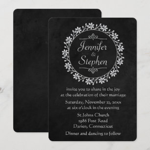 Convite Casamento Floral Vintage em Quadro Negro e Cinza