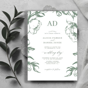 Convite Casamento floral vintage em verde sálvia elegante