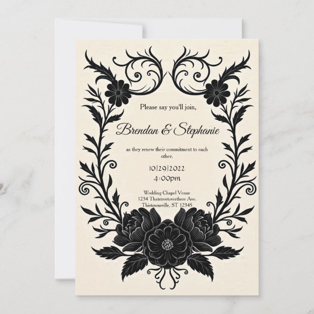 Convite Casamento Floral Vintage Goth com Tinta Preta (Frente)