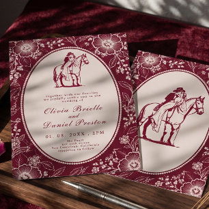 Convite Casamento Floral Vintage Ocidental em Borgonha