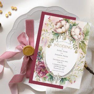 Convite Casamento Floral Vintage Peônia Rosa