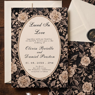 Convite Casamento Floral Vintage Pérola em Renda Preta Ele