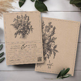 Convite Casamento Floral Vintage Preto Clássico Kraft Rúst