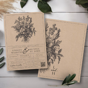 Convite Casamento Floral Vintage Preto Clássico Kraft Rúst