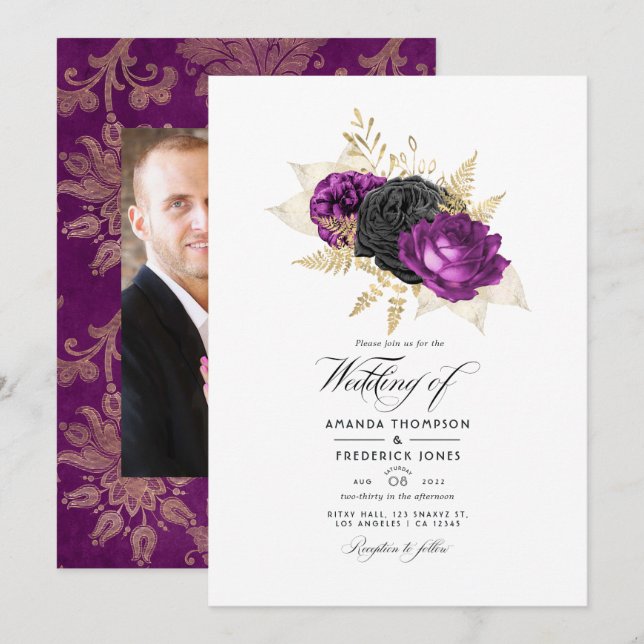 Convite Casamento Floral Vintage Preto e Roxo (Frente/Verso)