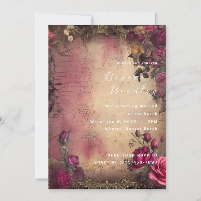 Convite Casamento Floral Vintage Rosa e Bege (Frente)