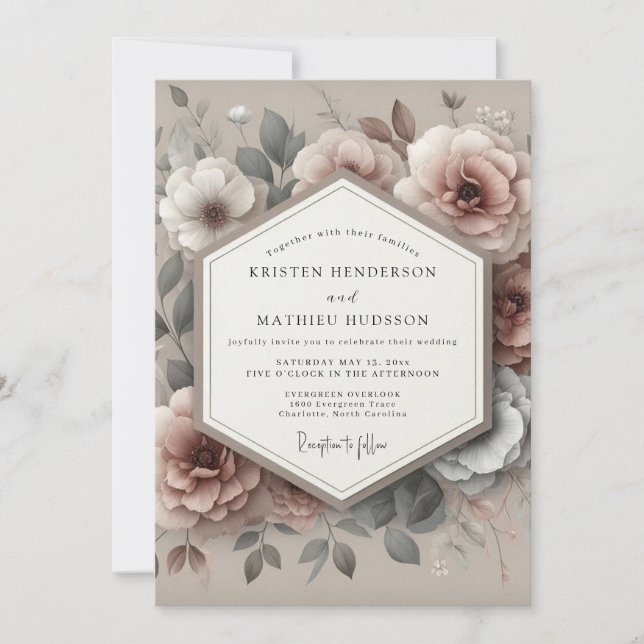 Convite Casamento Floral Vintage Rosa Empoeirada (Frente)