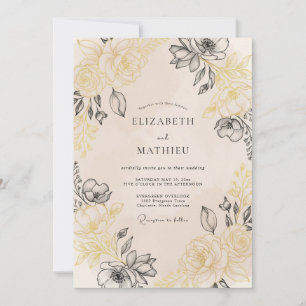 Convite Casamento Floral Vintage Sofisticado Bege