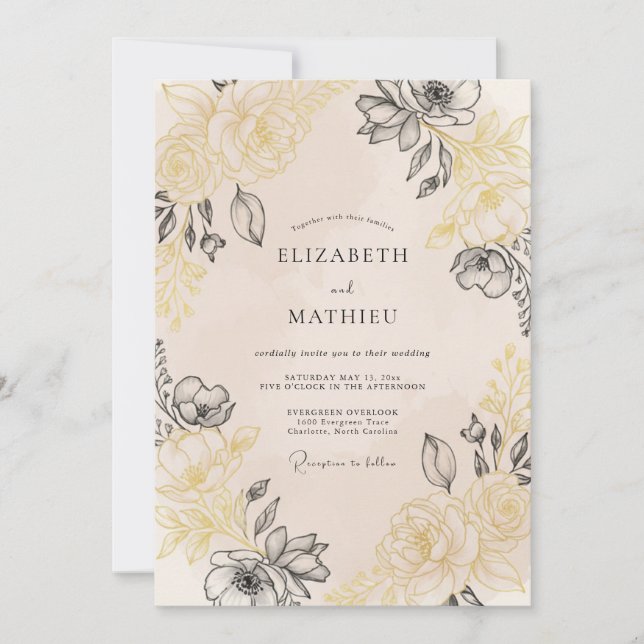 Convite Casamento Floral Vintage Sofisticado Bege (Frente)