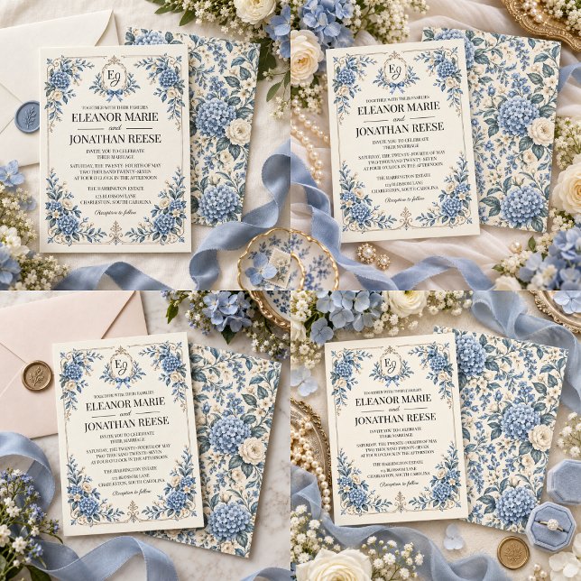 Convite Casamento Floral Vintage Something Blue (Something Blue Vintage Heirloom Floral Wedding Invitation)
