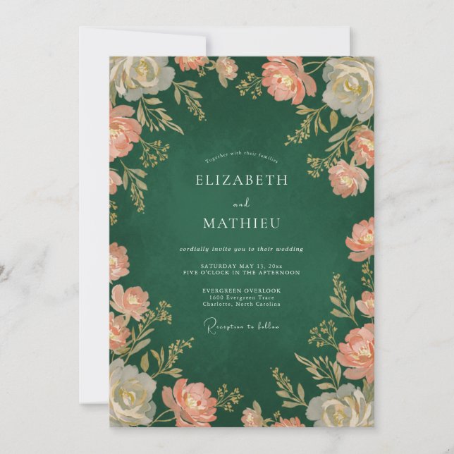 Convite Casamento Floral Vintage Verde Profundo (Frente)