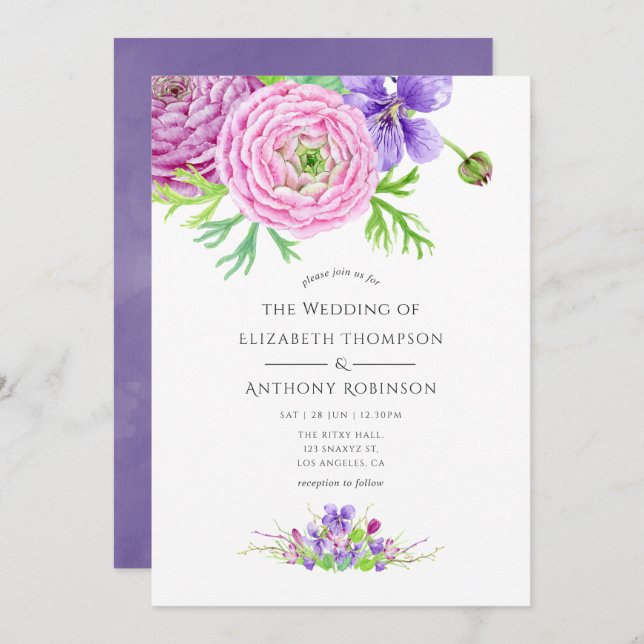 Convite Casamento Floral Violet Watercolor (Frente/Verso)