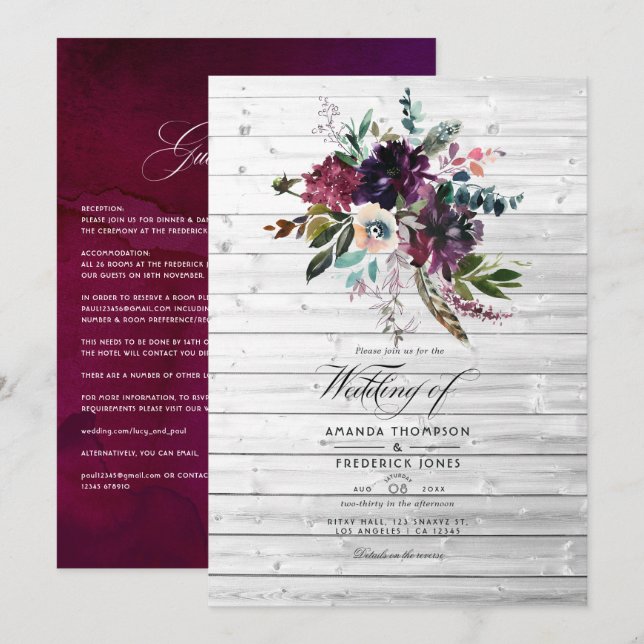 Convite Casamento Floral Violeta Bordo Rústico Boêmio (Frente/Verso)