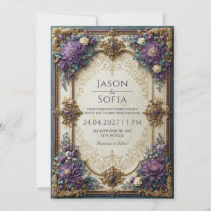 Convite Casamento Floral Violeta Dourada