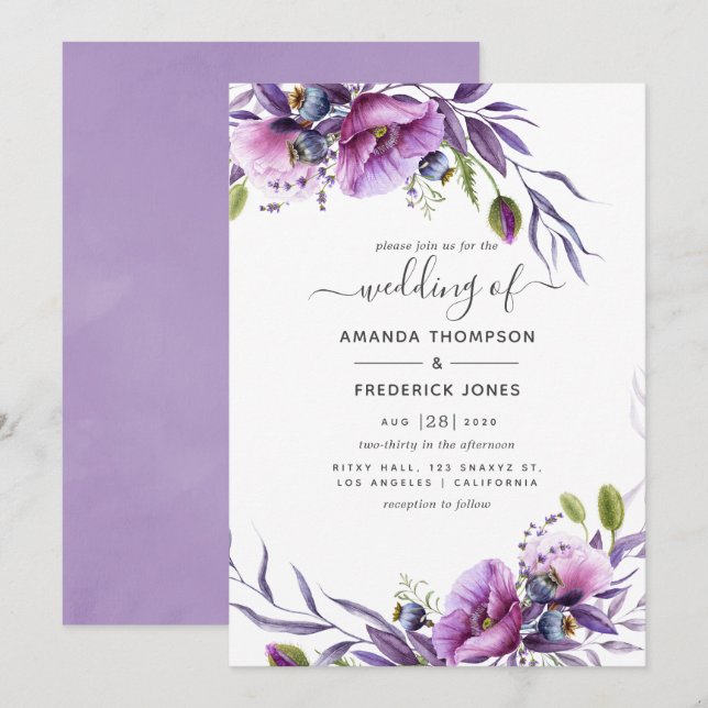 Convite Casamento Floral Violeta Roxo Amarelo Papoula (Frente/Verso)