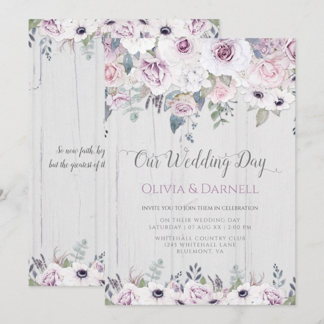 Convite Casamento Floral Violeta Roxo Lavanda Branco Rústi (Frente/Verso)