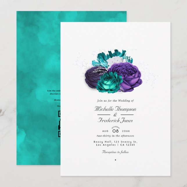 Convite Casamento Floral Violeta Rústico e Turquesa com QR (Frente/Verso)