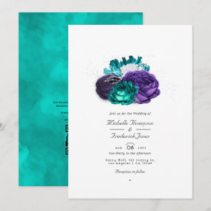 Convite Casamento Floral Violeta Rústico e Turquesa com QR