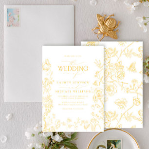 Convite Casamento Floral Vitoriano de Chinoiserie Dourada