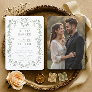 Convite Casamento Floral Vitoriano Francês Verde Sage Foto