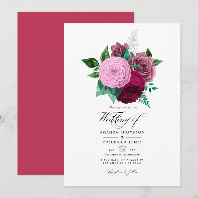 Convite Casamento Floral Viva Magenta (Frente/Verso)