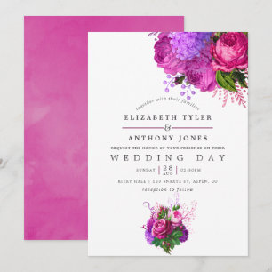 Convite Casamento Floral Xadrez Fuchsia e Roxo Vintage