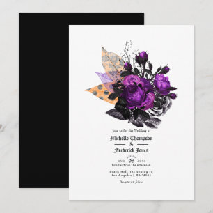 Convite Casamento Floral Xadrez Preto, Roxo e Laranja