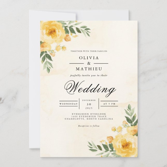 Convite Casamento Floreado Amarelo-ouro (Frente)