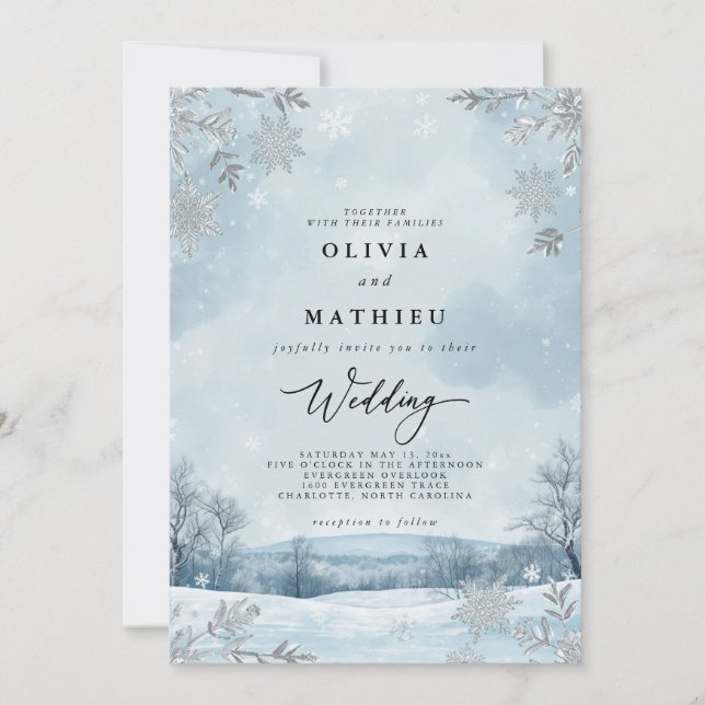 Convite Casamento Floreado de Paisagem Neve (Frente)
