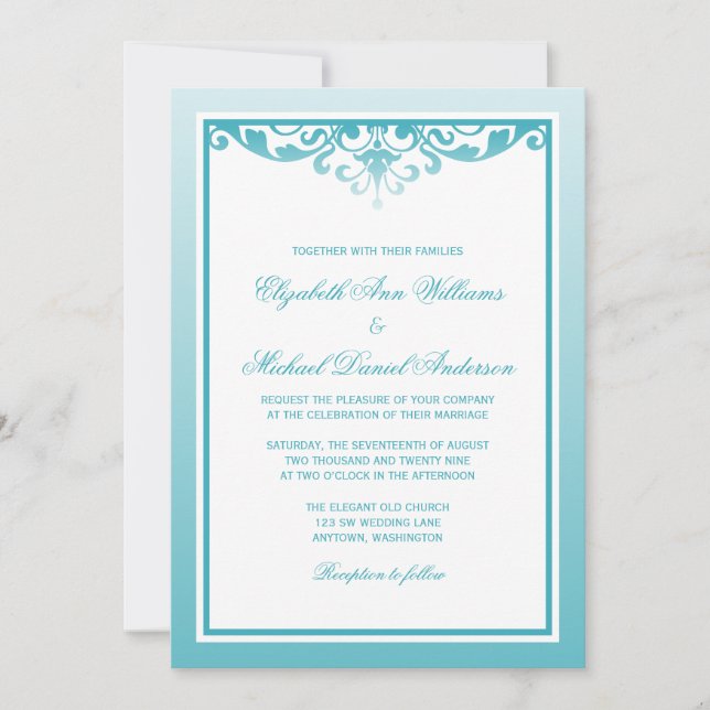 Convite Casamento Floreado de Teal Ombre Border (Frente)