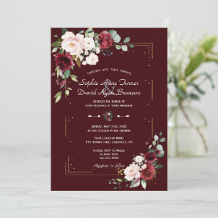 Convite Casamento Flores Bege Borgonha Profundas Elegantes