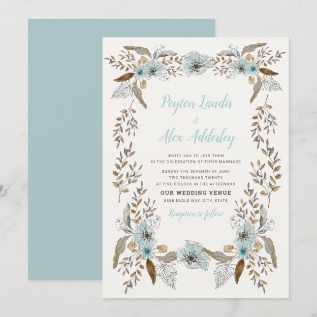 Convite Casamento Flores Boho Poeira Azul Marrom Romântico (Frente/Verso)