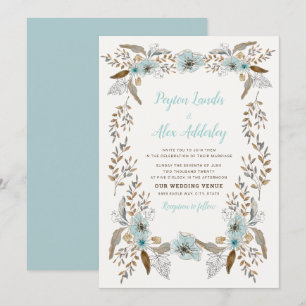 Convite Casamento Flores Boho Poeira Azul Marrom Romântico