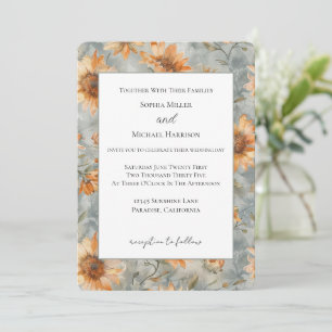 Convite Casamento Flores Creme Laranja Azul