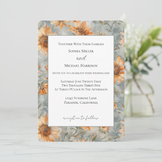 Convite Casamento Flores Creme Laranja Azul (Em pé/Frente)