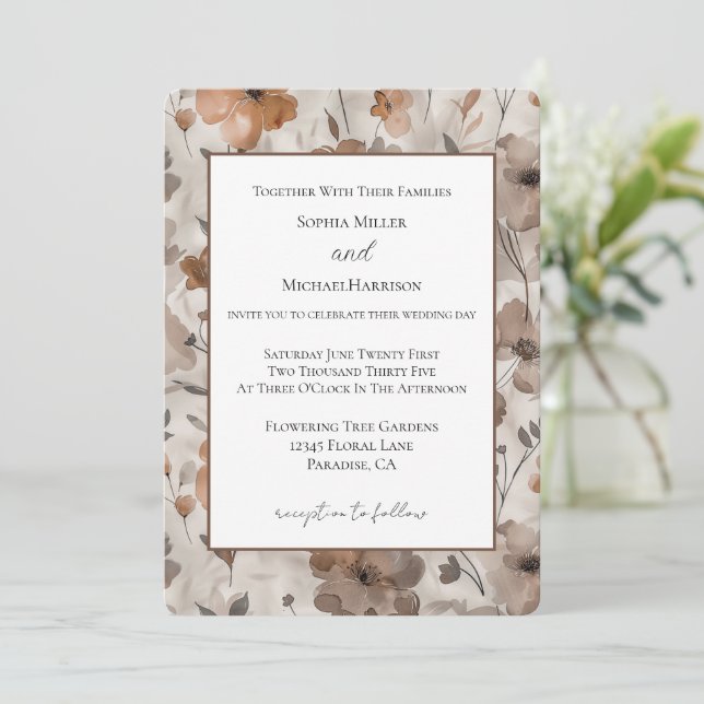 Convite Casamento Flores Creme Laranja Marrom (Em pé/Frente)