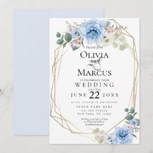 Convite Casamento Flores De Aquarela Azul