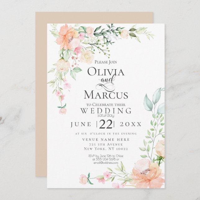 Convite CASAMENTO | Flores De Aquarelas De Pastel Primaver (Frente/Verso)