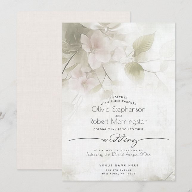 Convite CASAMENTO Flores de Árvore de Pêssego Rosa Bege (Frente/Verso)