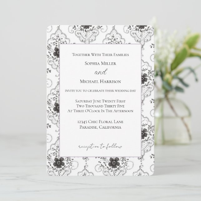 Convite Casamento Flores de Renda Falsa Preto Branco (Em pé/Frente)
