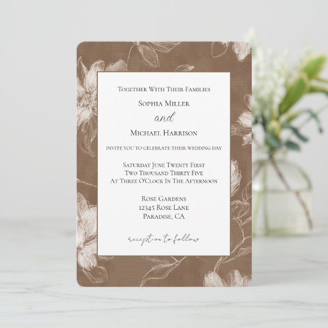 Convite Casamento Flores Marrons Creme (Em pé/Frente)